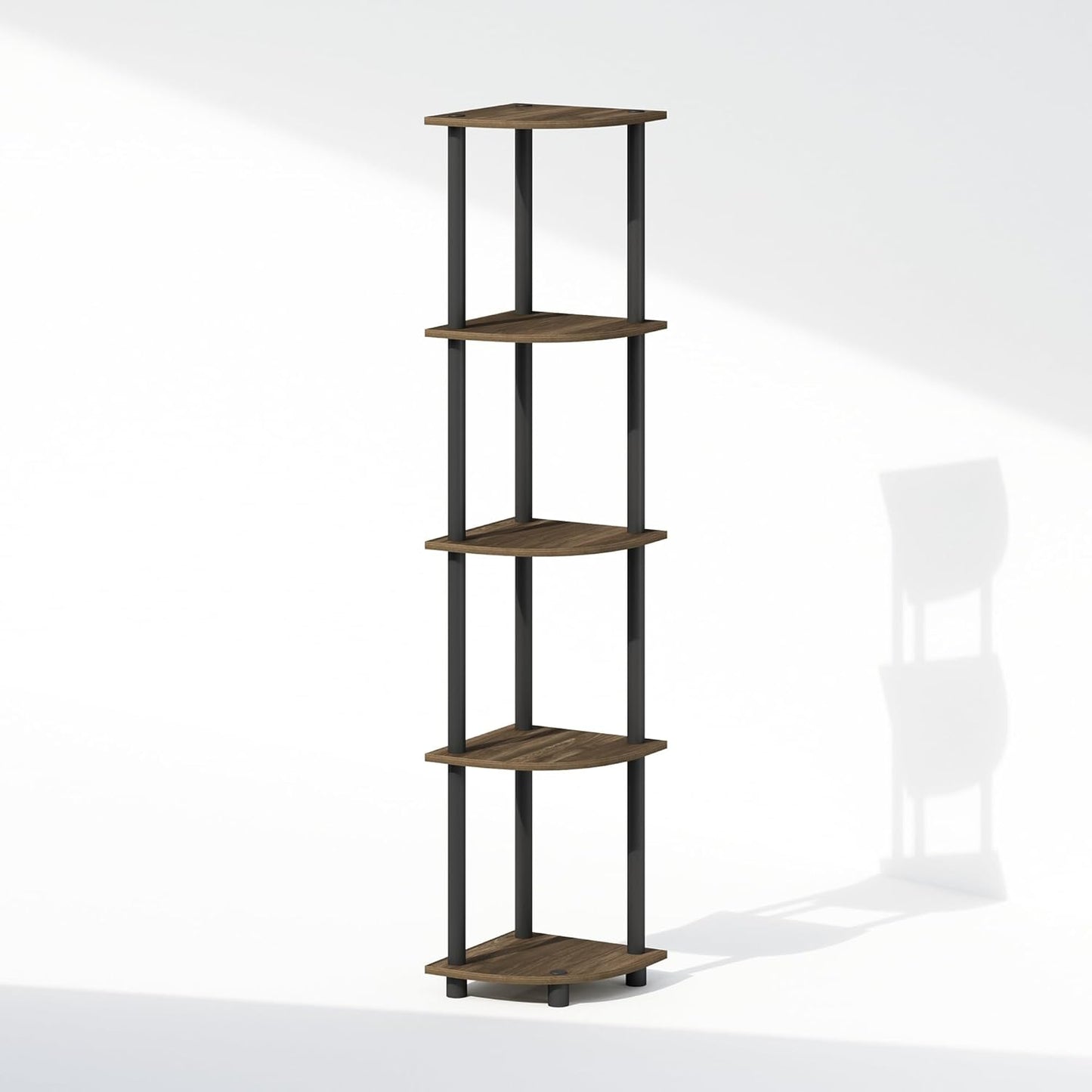 Furinno Turn-N-Tube Corner Shelf, 5-Tier Corner Display Rack, Shelving Unit, for Organization and Storage, Living Room, Home Office, Garage, Bedroom, Columbia Walnut