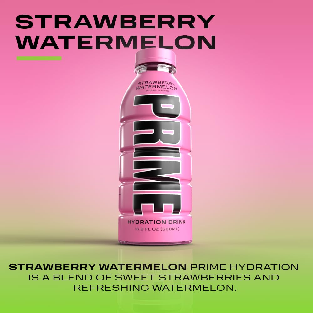 PRIME Hydration STRAWBERRY WATERMELON, Sports Drinks, Electrolyte Enhanced for Replsnishing Fluids, 250mg BCAAs, B Vitamins, Antioxidants, Low Sugar, 16.9 Fl Oz, 12 Pack