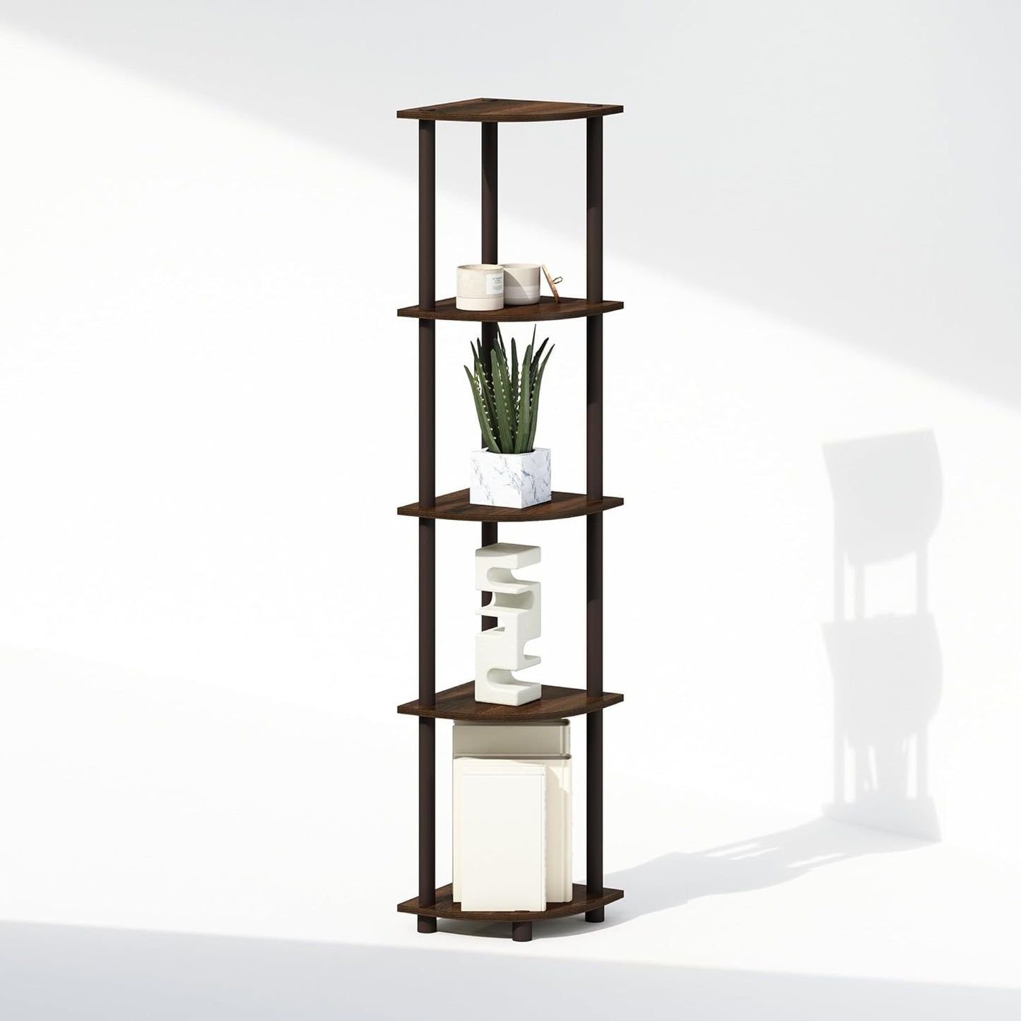 Furinno Turn-N-Tube Corner Shelf, 5-Tier Corner Display Rack, Shelving Unit, for Organization and Storage, Living Room, Home Office, Garage, Bedroom, Walnut