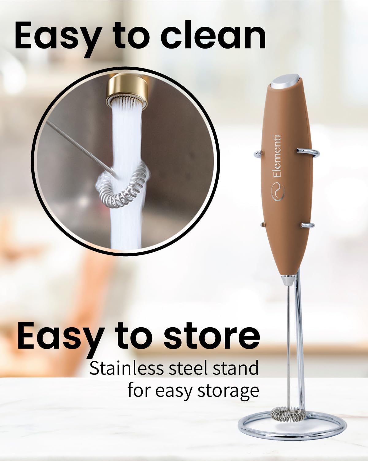 Elementi Coffee Mixer Wand & Drink Mixer with Stand - Powerful Coffee Frother Handheld Milk Frother Wand - Hand Held Milk Foamer to Make Perfect Cappuccinos, Lattes & Drink Mixes at Home (Mocha)