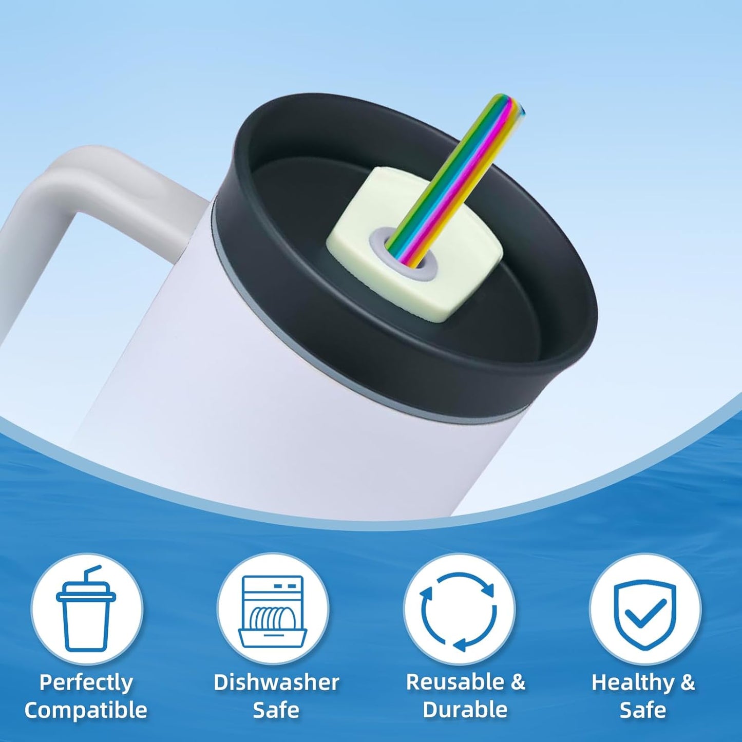 Stainless Steel Straws for Owala Insulated Bottle 40oz Tumbler 6x Metal Replacement Straws 10mm with Cleaning Brush for Owala 40oz (Colorful, 6x Straight 10mm)