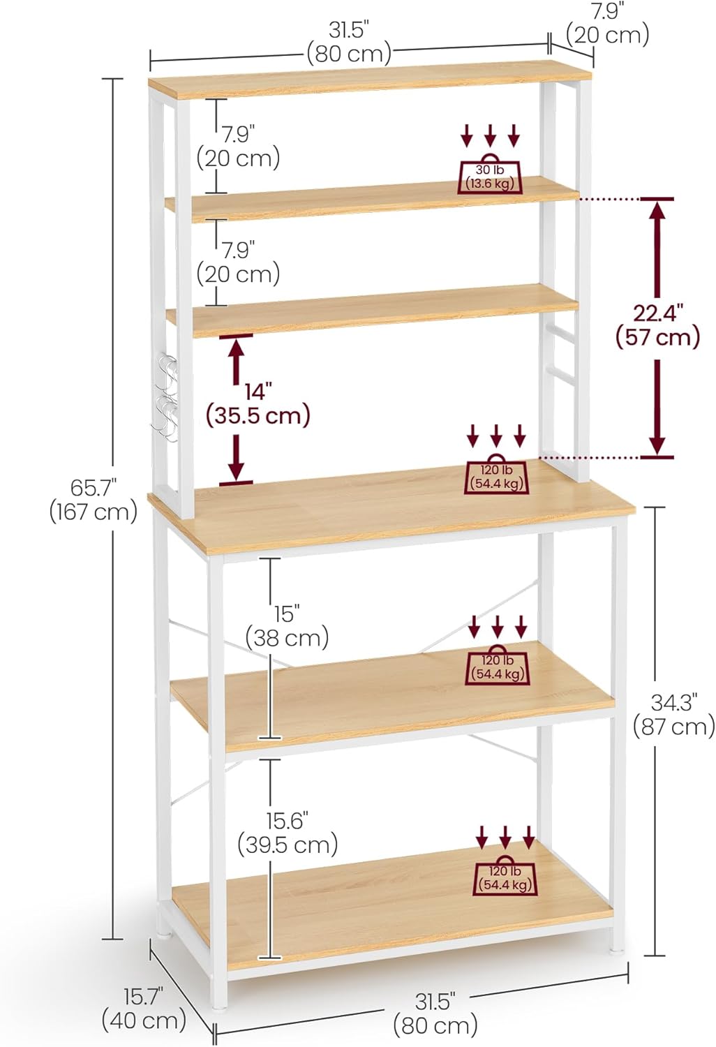 VASAGLE Coffee Bar, 31.5 Inches Baker's Rack for Kitchen with Storage, 6-Tier Kitchen Shelves with 6 Hooks, Microwave Stand, Industrial, Oak Colour and White UKKS019W09