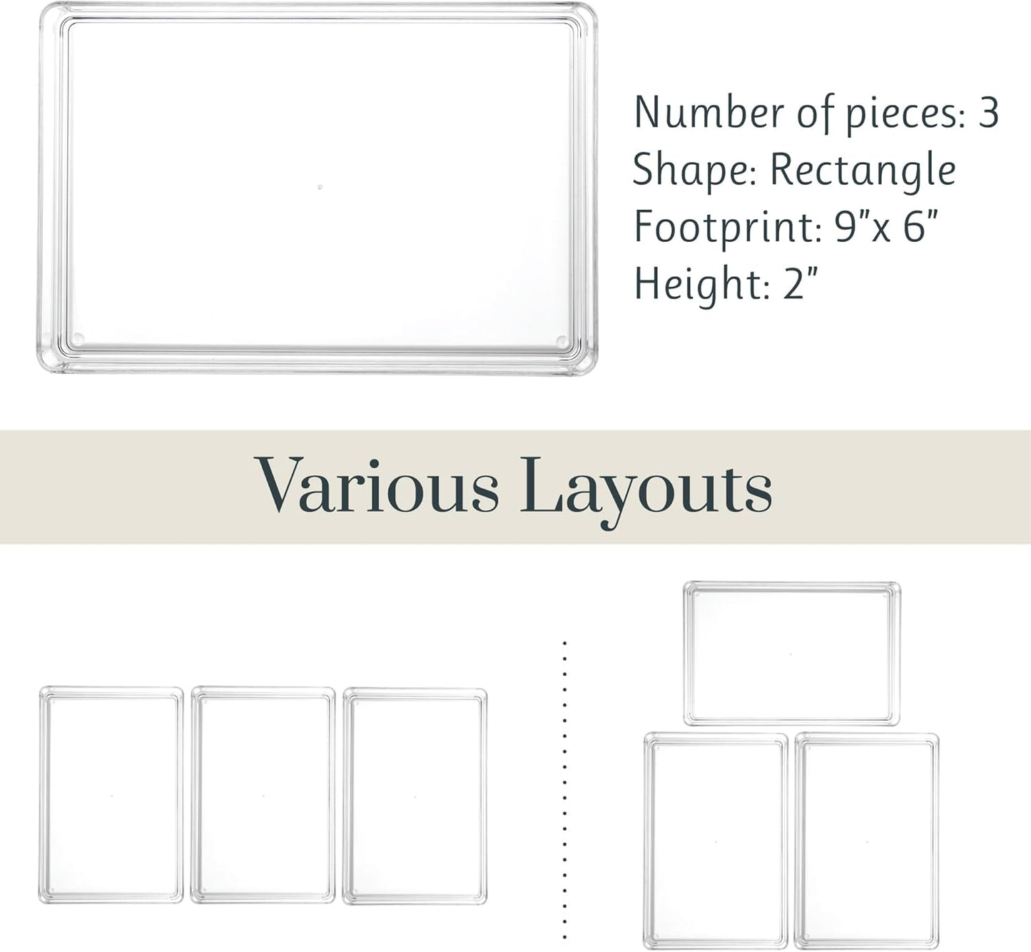 STORi SimpleSort 3-Piece Stackable Clear Drawer Organizer Set | 9" x 6" x 2" Rectangle Trays | Wide Makeup Vanity Storage Bins and Office Desk Drawer Dividers | Made in USA