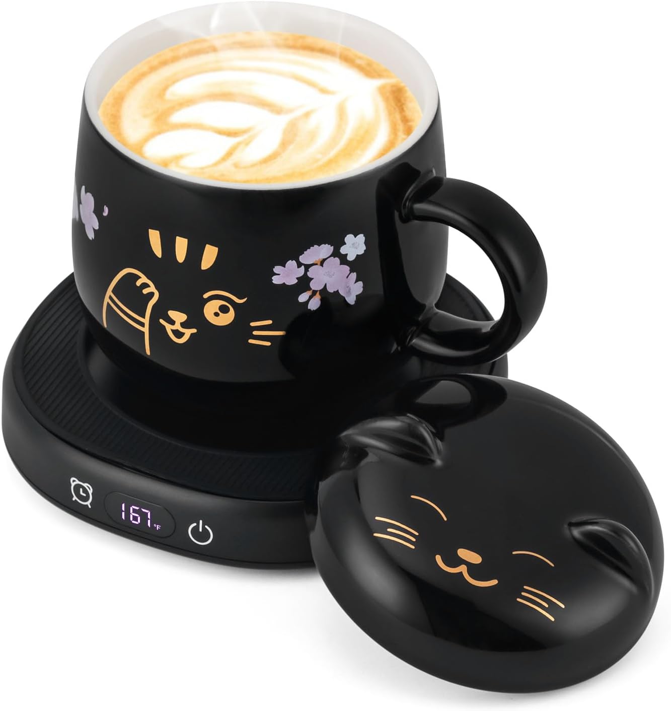 Coffee Mug Warmer & Cute Cat Mug Set, Electric Cup Warmer for Desk with Auto Shut Off, 4 Temperature Setting & 8h Timer Smart Tea Beverage Warmer for Coffee Office, Ideal for Men Women Birthday Gifts