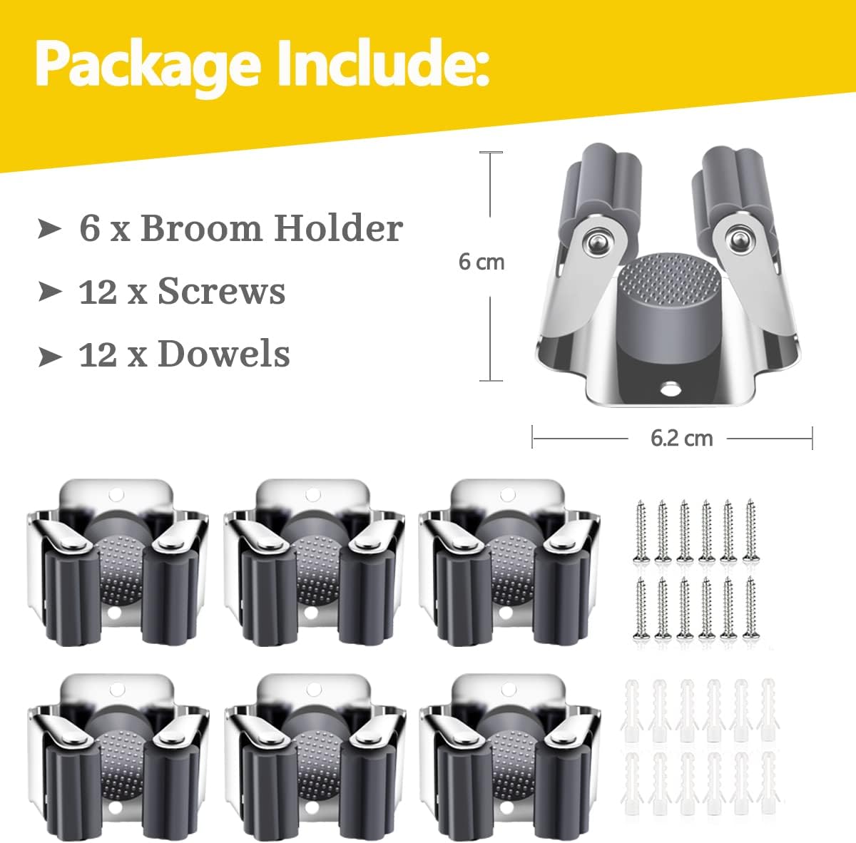 Verdenu 6 Pack Broom Holder Wall Mount, Mop and Broom Holder Wall Mount, Stainless Steel Command Broom Holder with Screws, Garden Tool Storage Organizer for Kitchen, Home, Bathroom, Garage, Grey