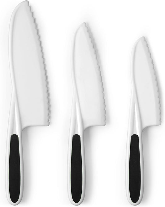 Zulay 3-Piece Kids Knife Set for Real Cooking & Baking - Toddler Knives for Cutting Fruits, Veggies, & Cake - Children’s Montessori Knife with Serrated Edges - Safe & Fun Lettuce Knife (Black)