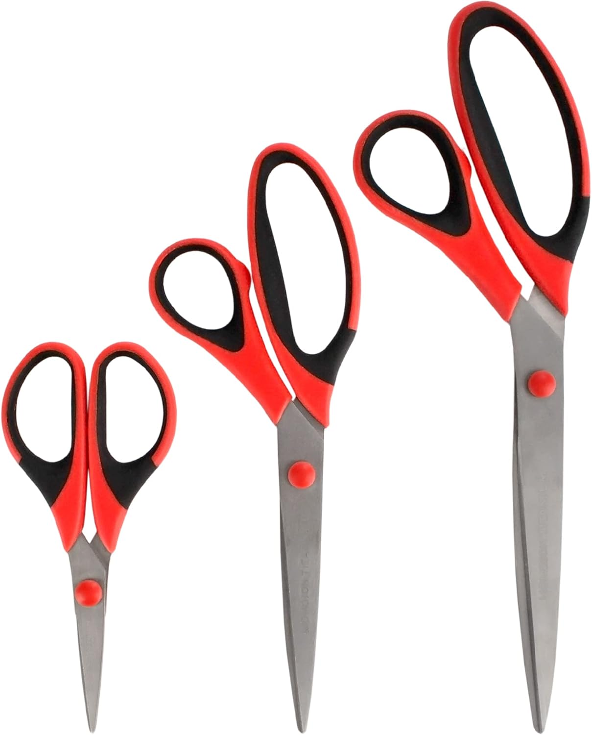 BambooMN Titanium Softgrip Scissors Set for Sewing, Arts, Crafts, Office - 10 Sets of 3 - Red w/Black Inlays