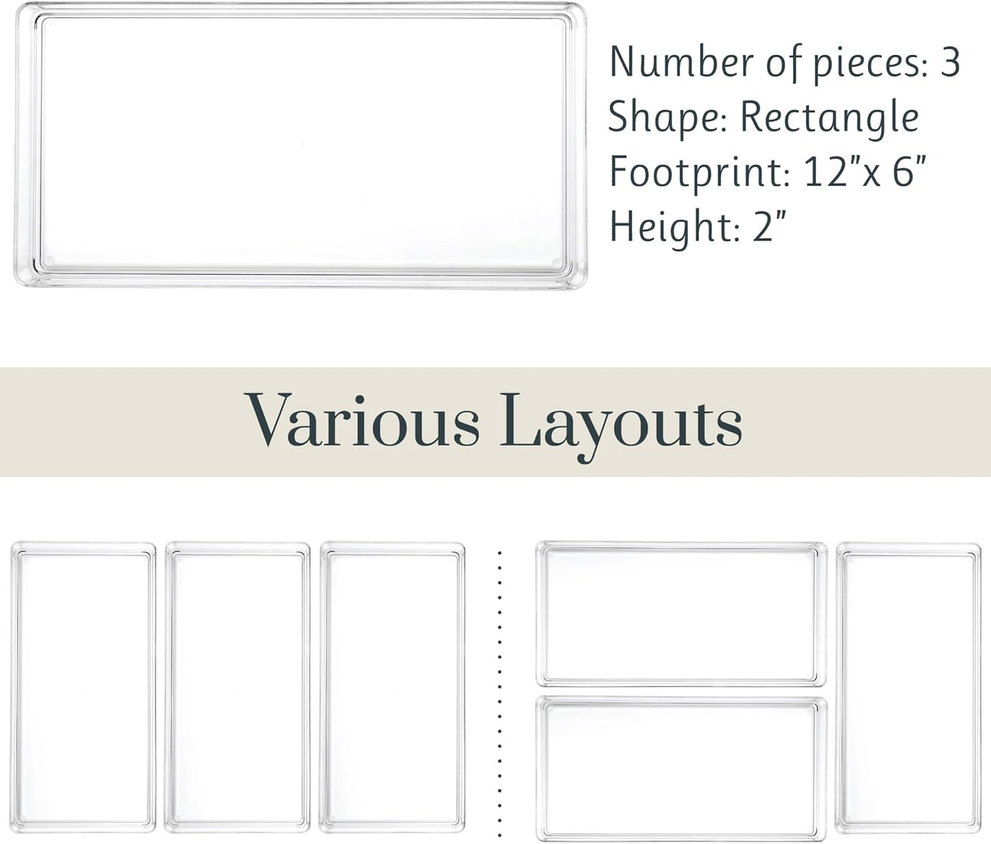 STORi SimpleSort 3-Piece Stackable Clear Drawer Organizer Set | 12" x 6" x 2" Rectangle Trays | Wide Makeup Vanity Storage Bins and Office Desk Drawer Dividers | Made in USA