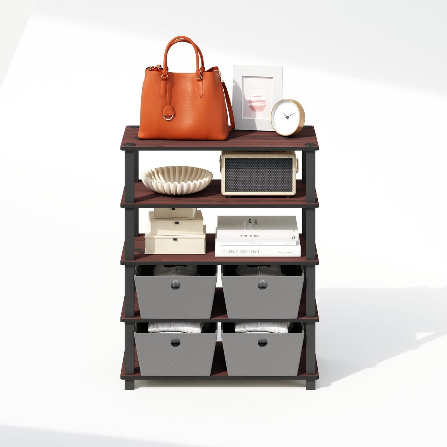 Furinno Turn-S-Tube Storage Shelves Set of 2, 3-Tier Stackable Standing Shelf, Open Corner Shelf, for Organization and Storage, Living Room, Garage, Home Office, Dark Cherry