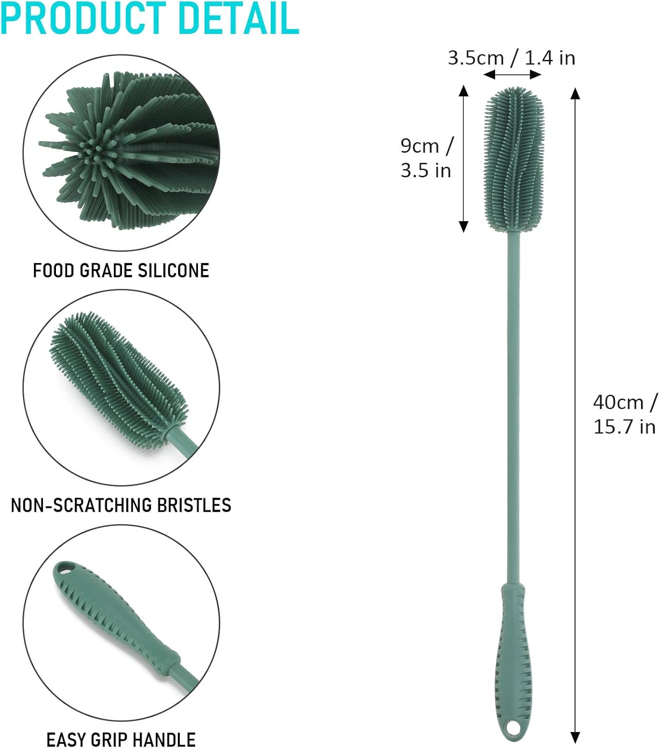 15.7" Silicone Bottle Brush, ddLUCK Water Bottle Cleaner Brush for Stanley, Hydroflasks, Glass, Thermos Sports Bottle, Vase and Glassware, Bottle Brush Cleaner for Small Narrow Neck Containers (Green)