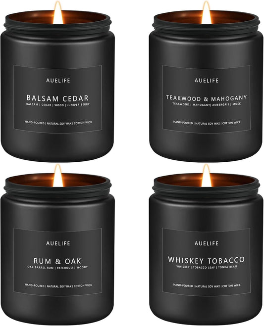 Winter Candle Gift Set for Men – 4 Pack Soy Candles with Balsam Cedar, Teak & Mahogany, Whiskey Tobacco, Rum & Oak – Masculine Scented Candles for Home, Christmas Gift Set for Dad Fathers Day