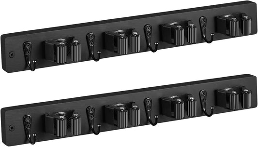 2 Pack Black Mop Broom Holder Wall Mount - Wood Broom Mop Hanger - Wall Mounted Garden Tool Rack Organizer for Closet Garage Laundry Room, 4 Slots & 4 Hooks