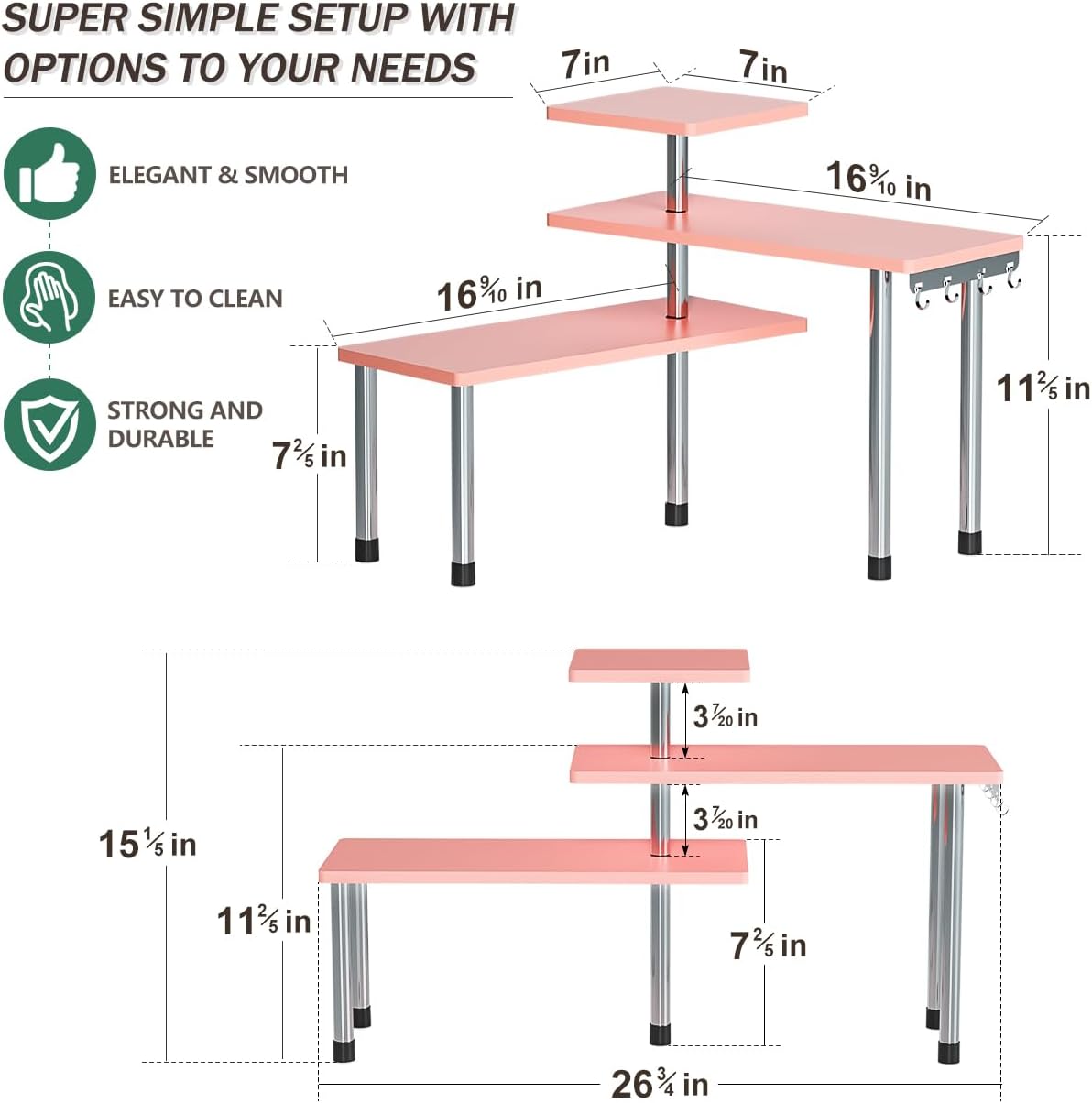 ZHWS Bathroom Counter Organizer Corner Shelf – Bathroom Organization Bamboo 3 Tier Spice Rack Makeup Organizer Bookshelf Space Saving Rack Kitchen Office Living Room (Pink)