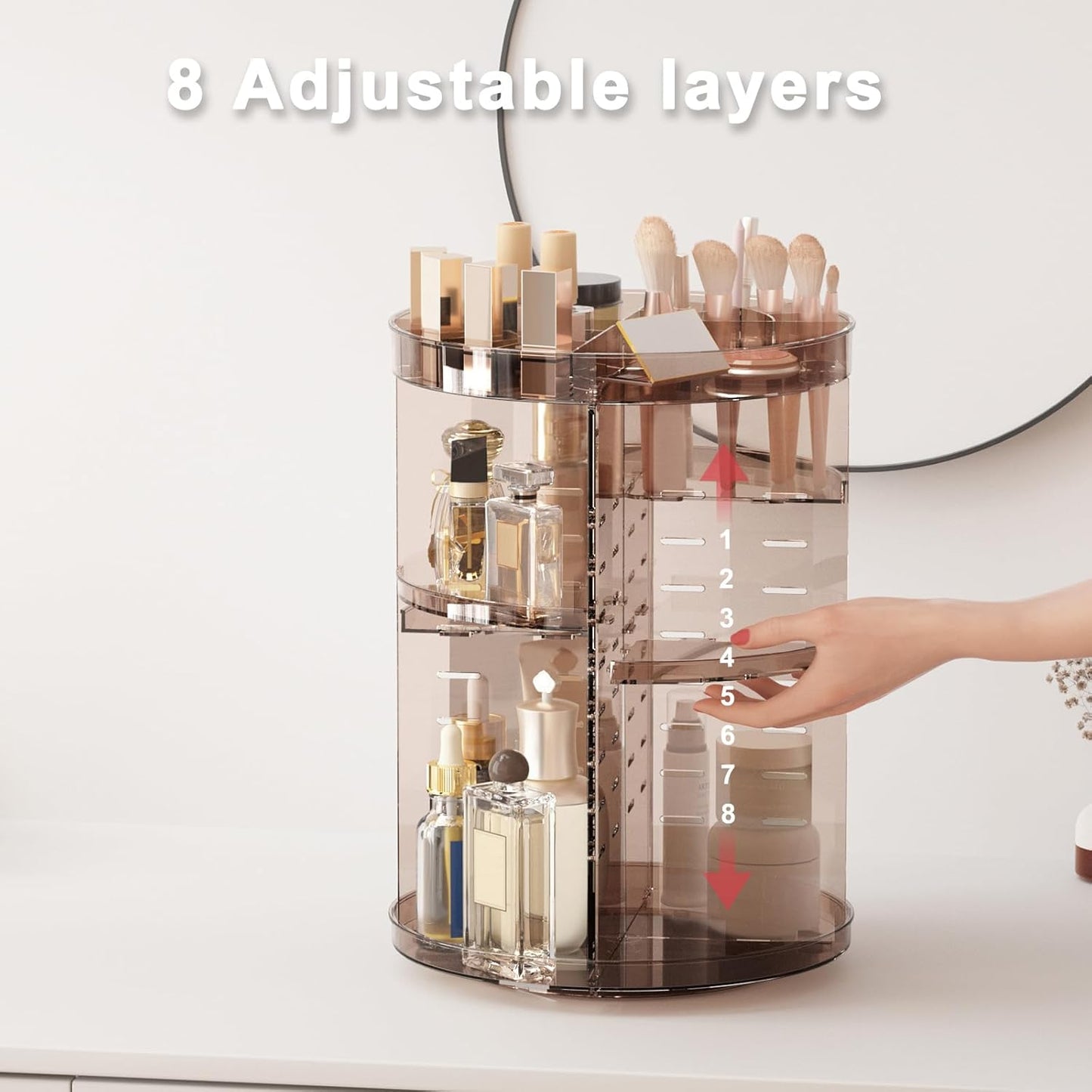 360 Rotating Makeup Organizer with Lipstick Slots, DIY 8 Adjustable Height Spinning Skincare Organizers, Brush and Perfume Storage Carousel, Cosmetic Display Case for Vanity Bathroom Countertop