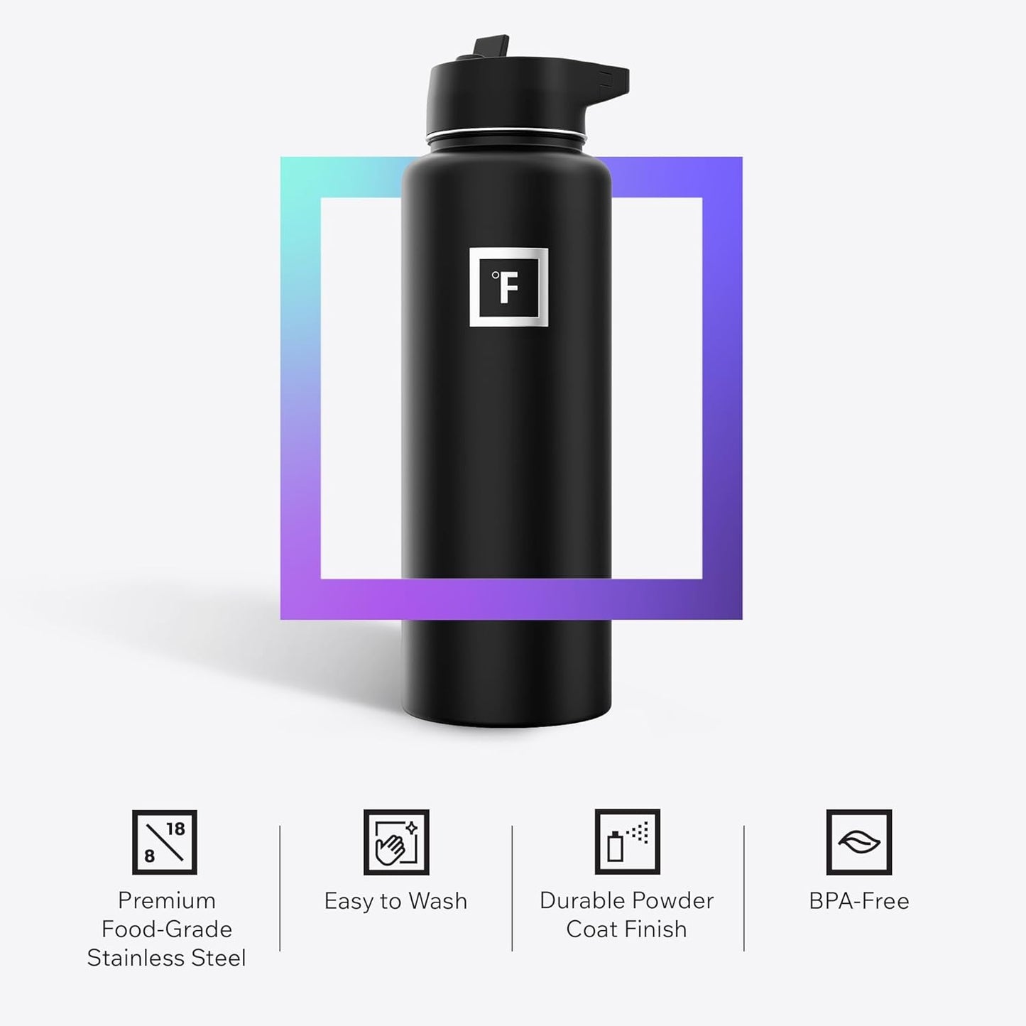 IRON °FLASK Camping & Hiking Hydration Flask with Straw, Wide Mouth Insulated Stainless Steel Sports Water Bottle - 40 oz Graphite