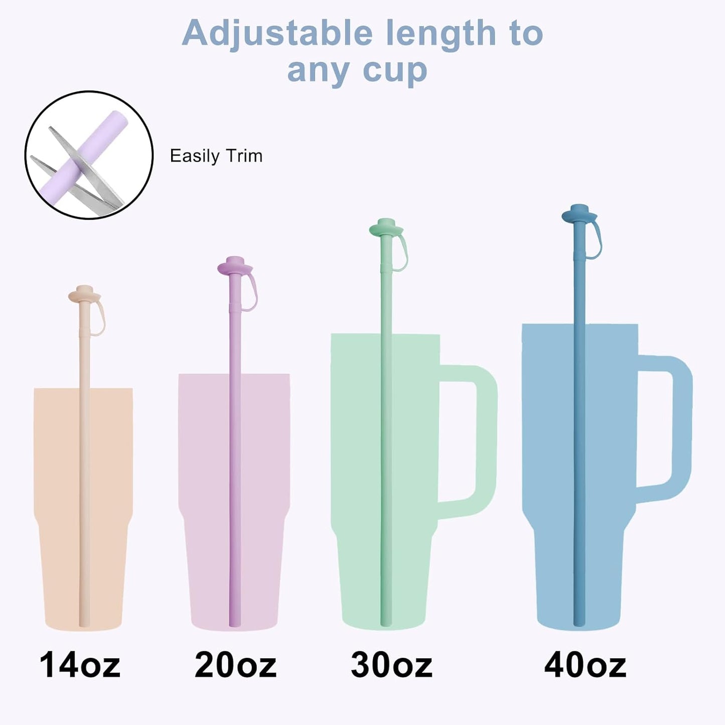 4PCS Reusable Silicone Straws with Cover, Bite-Safe, 12”Long Collapsible Drinking Straws for Stanley Owala Cups, Tumblers & Travel – Trim to Fit Any Cup (Purple,Blue,Pink,Grey)