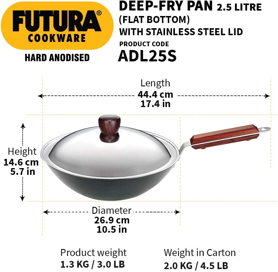 Hawkins Futura 2.5 Litre Deep Fry Pan, Long Handle Hard Anodised Kadai with Stainless Steel Lid, Flat Bottom Kadhai, Black (ADL25S)