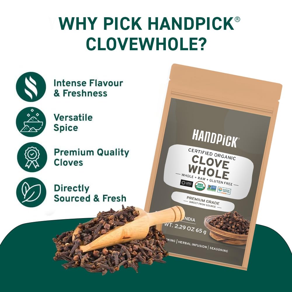 HANDPICK Organic Cloves Whole (2.3oz, 65g) Premium Cloves from South India | Packed in a Resealable Zip Lock Pouch | Perfect for Cooking, Smoothies, Pomander Balls & Tea
