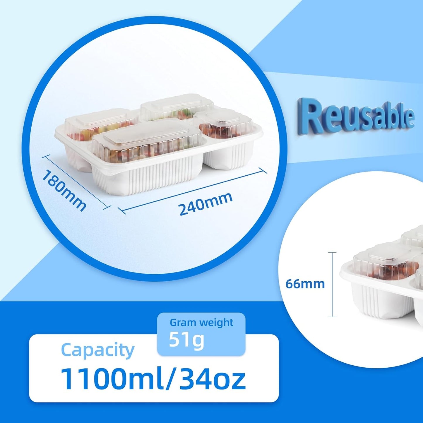 YANGRUI Food Containers with Lid 40 Pack 34 oz - Reusable Shrink Wrap 4 Compartment Leakproof Takeout | BPA Free Flexible PP Plastic Container | Dishwasher & Microwave Safe Hotel Grade White To Go Box