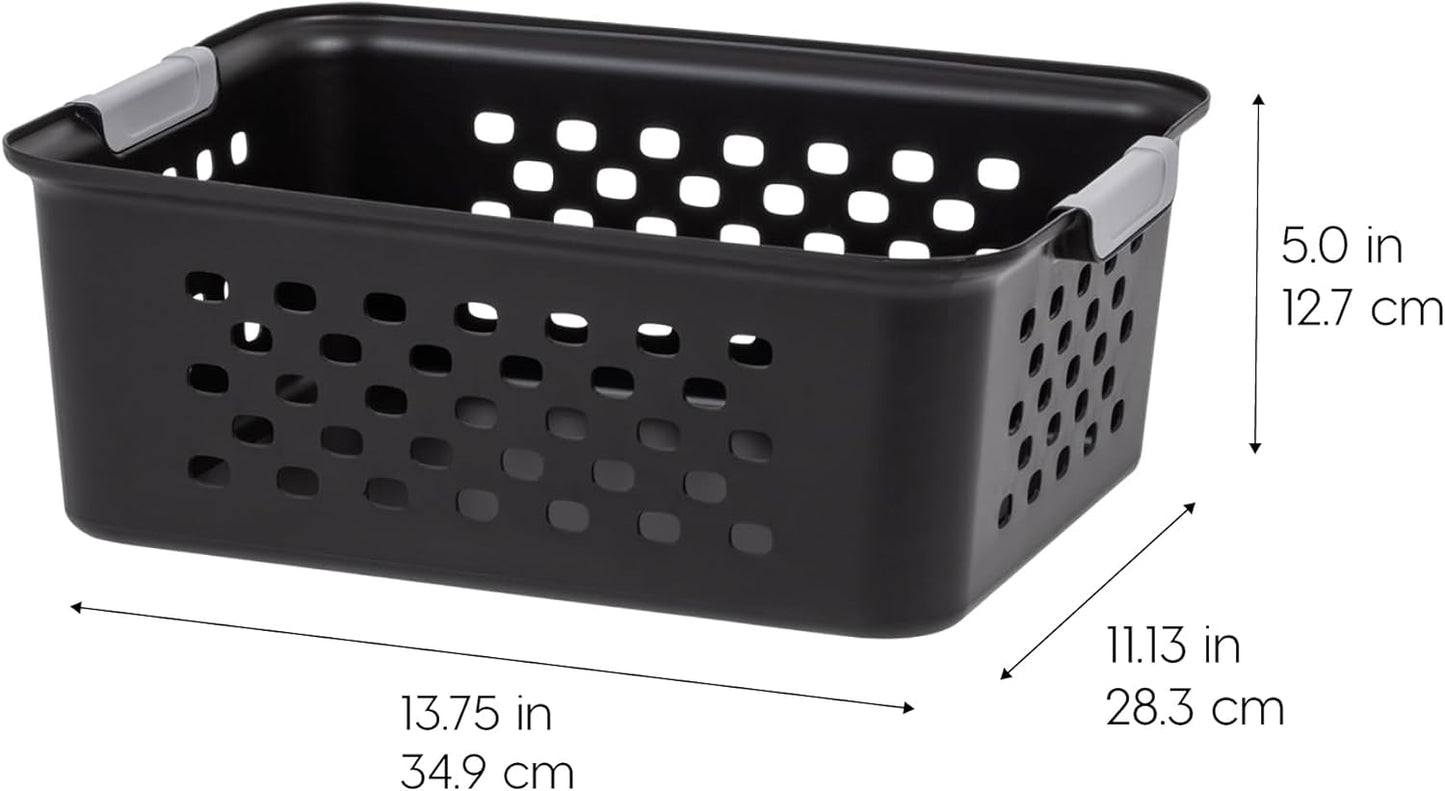 IRIS USA Plastic Basket, 6-Pack, Medium, Shelves Storage Basket for Organizing Pantry, Cabinet, Bedroom, Closet, Laundry Room, Office, Black