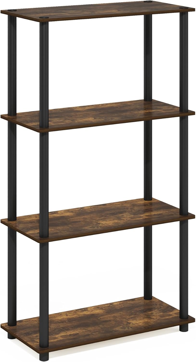 Furinno TURN-N-TUBE Storage Shelves, 4-Tier Toolless Book Shelf, Corner Shelf, Toolless Open Shelves, for Organization and Storage, Living Room, Garage, Home Office, Amber Pine