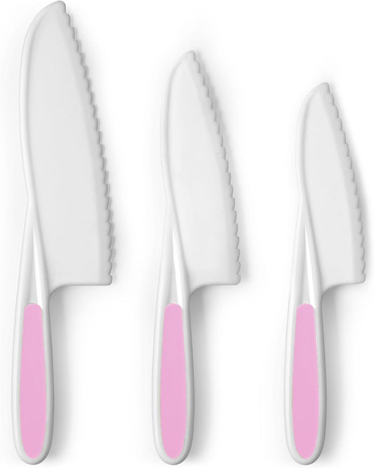 Zulay 3-Piece Kids Knife Set for Real Cooking & Baking - Toddler Knives for Cutting Fruits, Veggies, & Cake - Children’s Montessori Knife with Serrated Edges - Safe & Fun Lettuce Knife (Pink)