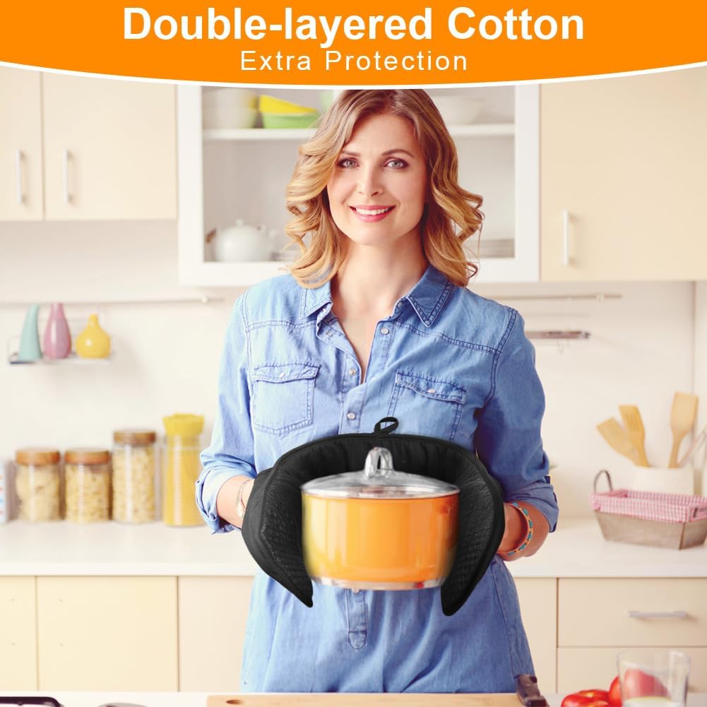 AUAUY Black Double Oven Mitts, 250°C/482°F Heat Resistant BBQ Mittens with Ropes, Silicone Non-Slip Design Kitchen Mittens, Cooking Glove Top Kitchen Gadgets for Cooking Baking Grilling