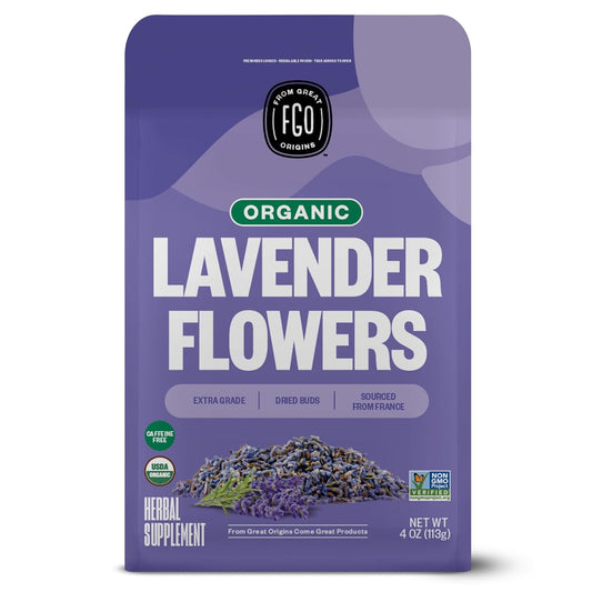 FGO Organic Dried Lavender Flowers, Extra Grade Dried Buds, Imported From France for Culinary or Sachet Bags, 4oz, Packaging May Vary (Pack of 1)