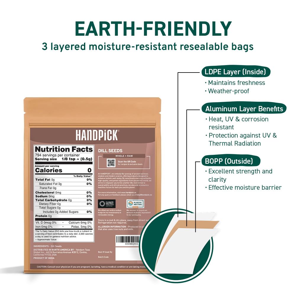 HANDPICK Dill Seeds (397g/14oz) Non GMO, Gluten Free, 100% Raw, Sourced from India, For Cooking, Drinks, Packed in Resealable Ziplock Pouch | For Pickling