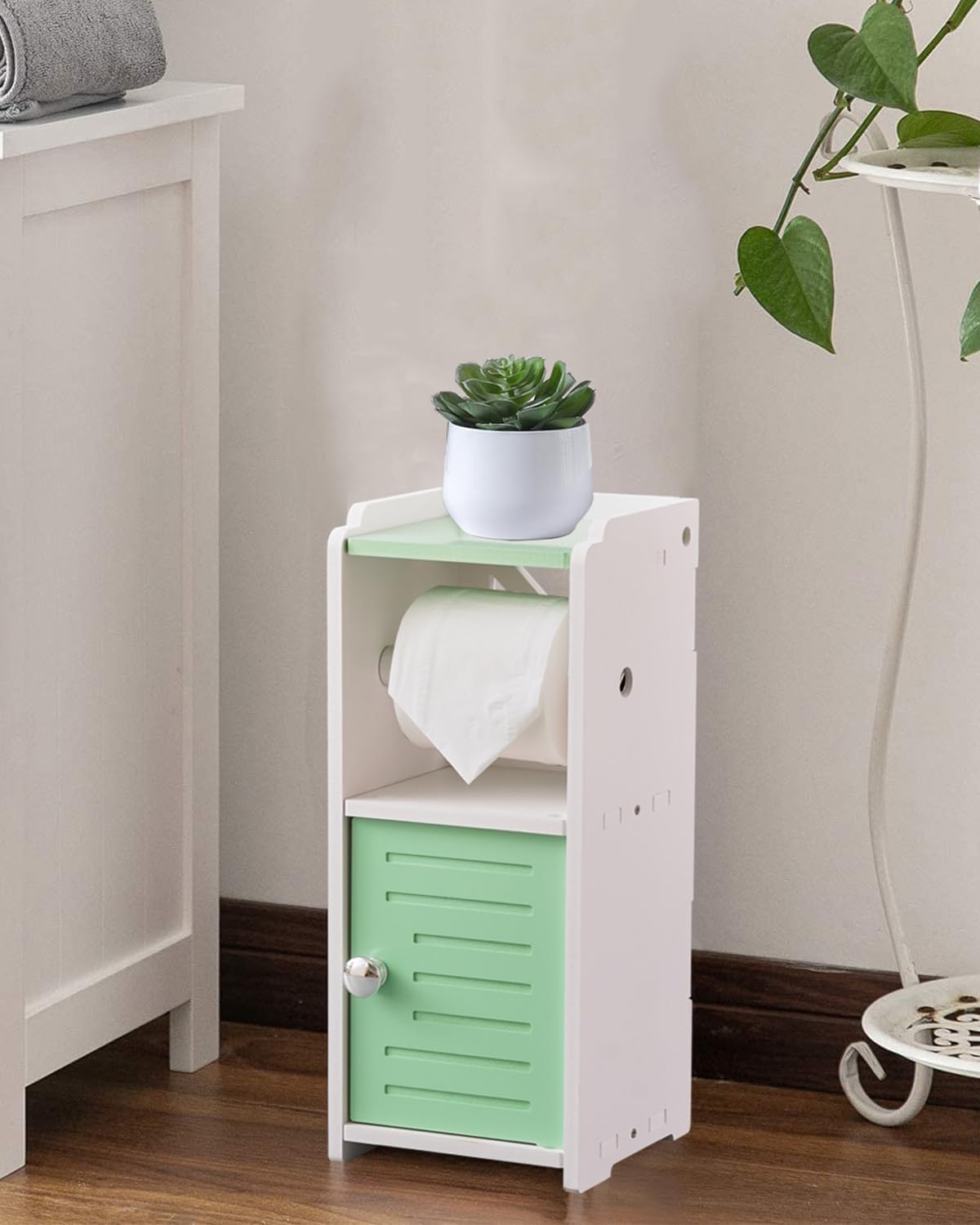 AOJEZOR Toilet Paper Holder Stand: Freestanding PVC Cabinet Storage for Small Bathroom Spaces for Homes and Renters-Mint Green