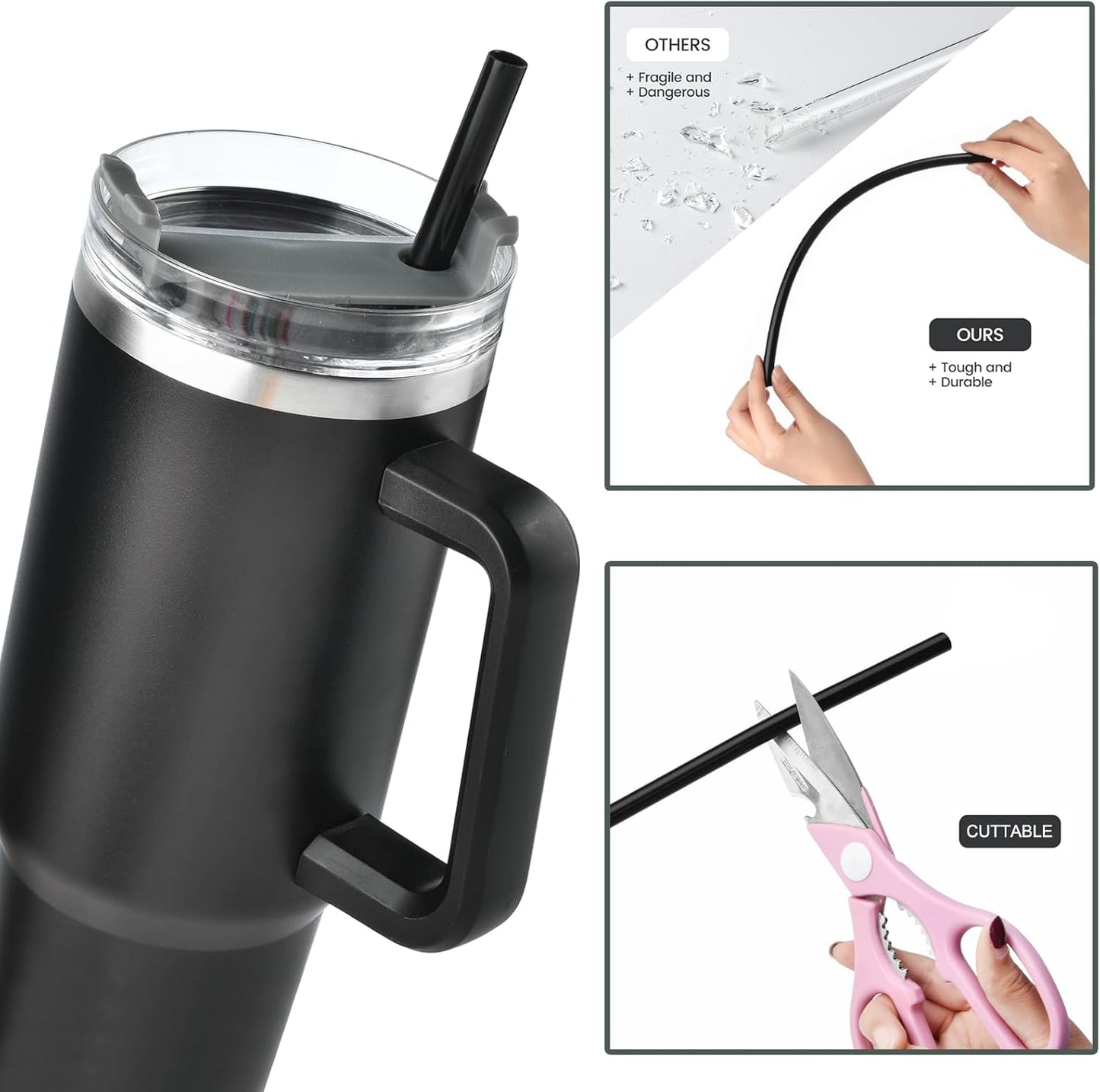 [DISHWASHER SAFE] 6 Pack Black Replacement Straws for Stanley 40 oz 30 oz Cup Tumbler, 12 inch Long Reusable Plastic Straws with Brush for Stanley, Owala, Yeti Tumbler, BPA FREE