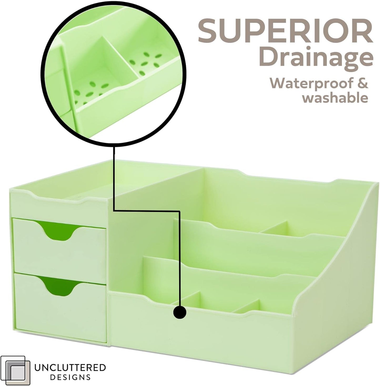 Uncluttered Designs Makeup Organizer With Drawers - Modern Countertop Storage for Cosmetics - Chic Vanity Holder for Perfume, Skincare, Brush, Lipstick, Nail Polish Organization & Display (Green)