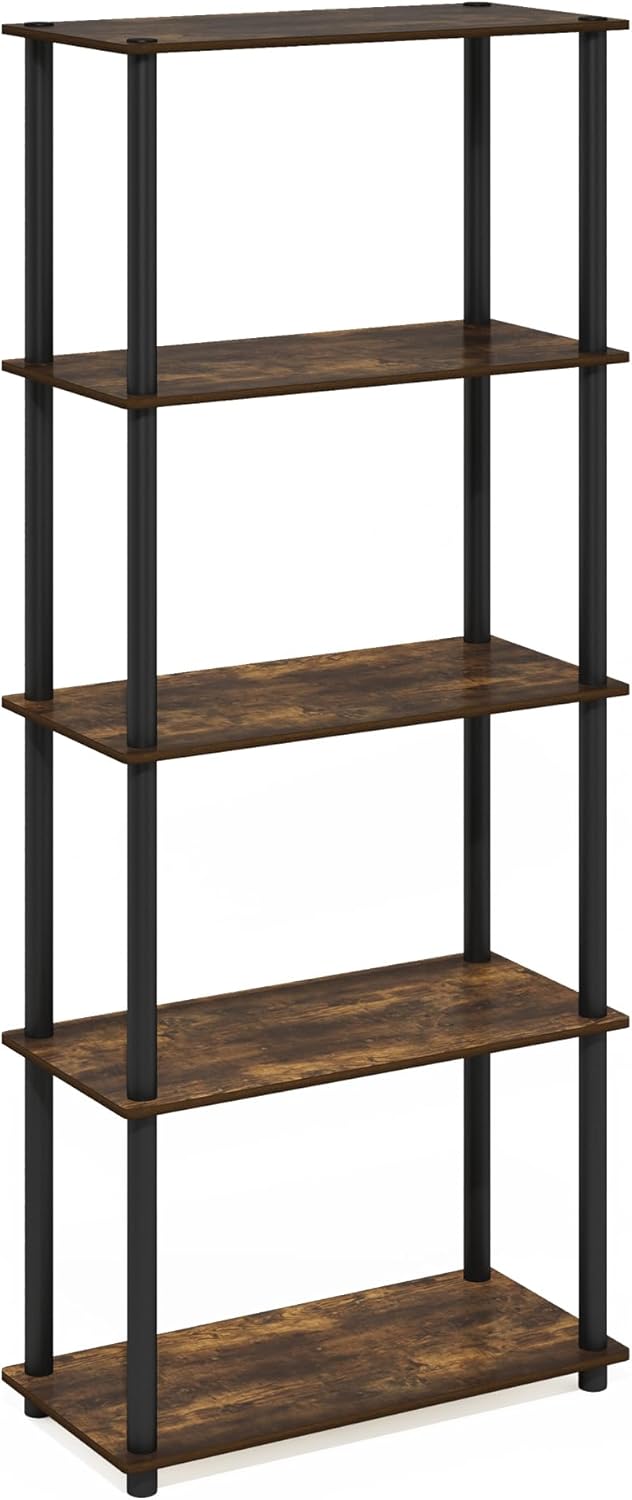 Furinno TURN-N-TUBE Storage Shelves, 5-Tier Book Shelf, Corner Shelf, Toolless Open Shelves, for Organization and Storage, Living Room, Garage, Home Office, Amber Pine