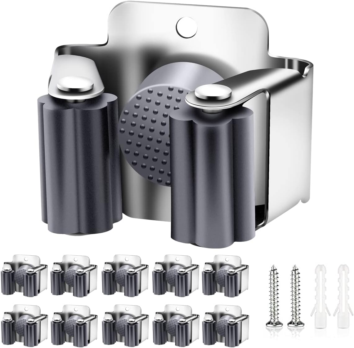 Verdenu 10 Pack Broom Holder Wall Mount, Mop and Broom Holder Wall Mount, Stainless Steel Command Broom Holder with Screws, Garden Tool Storage Organizer for Kitchen, Home, Bathroom, Garage, Grey