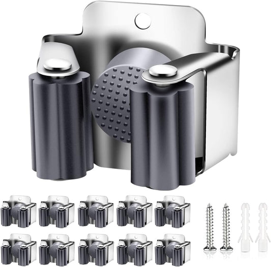 Verdenu 10 Pack Broom Holder Wall Mount, Mop and Broom Holder Wall Mount, Stainless Steel Command Broom Holder with Screws, Garden Tool Storage Organizer for Kitchen, Home, Bathroom, Garage, Grey