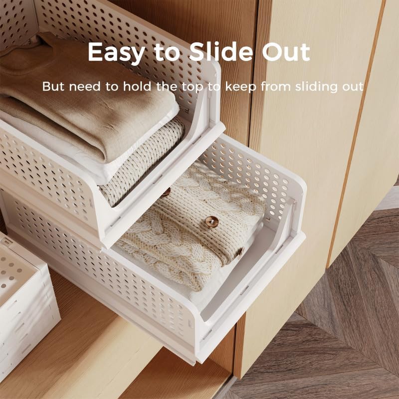 Pinkpum 5 Pack Stackable Plastic Storage Closet Organizers and Storage Bins Drawer Shelf Storage Container for Wardrobe Cupboard Kitchen Bathroom Office White