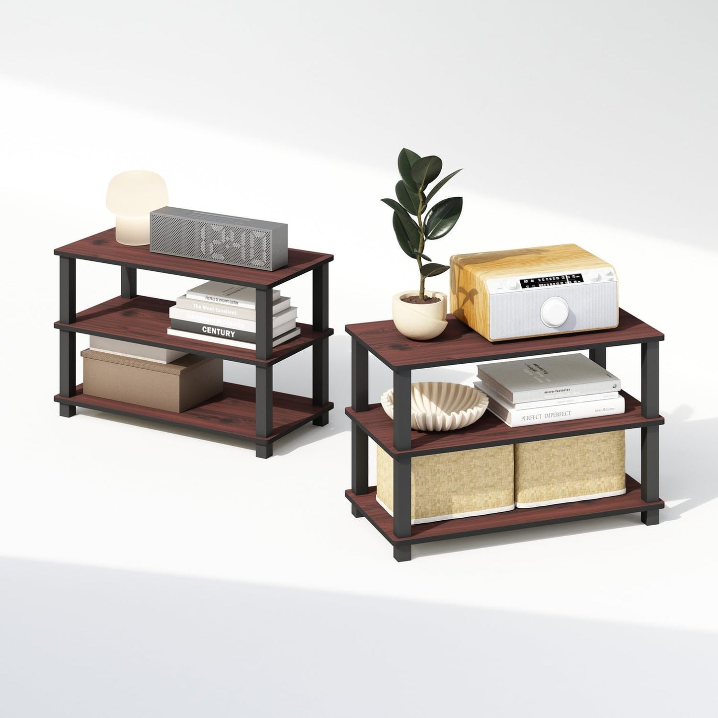 Furinno Turn-S-Tube Storage Shelves Set of 2, 3-Tier Stackable Standing Shelf, Open Corner Shelf, for Organization and Storage, Living Room, Garage, Home Office, Dark Cherry