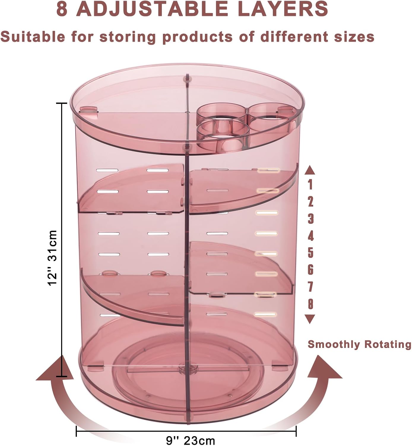 Rotating Makeup Organizer, DIY 8 Adjustable Layers 360 Spinning Skincare Organizers, Makeup Storage Carousel Tower with Brush Holder & Perfume Trays, Cosmetic Display Case for Vanity Bathroom