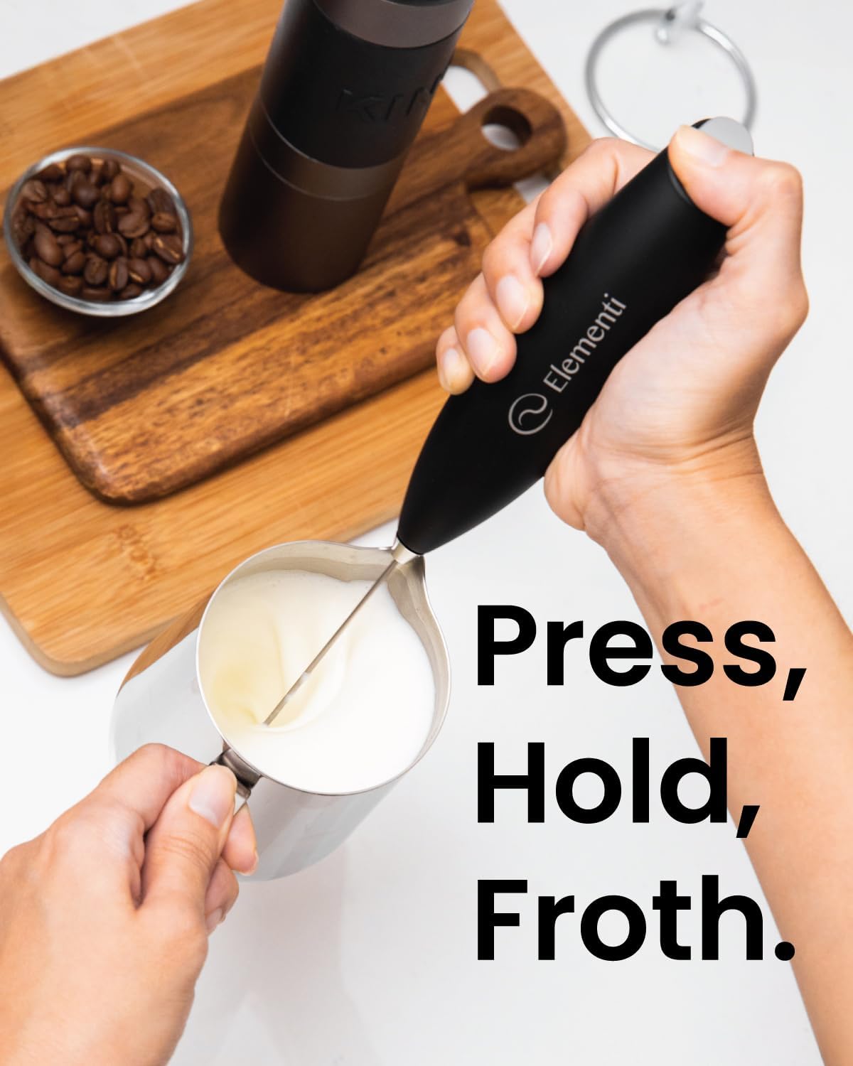 Elementi Electric Milk Frother Handheld - Create Creamy Coffee, Delicious Matcha and Perfect Drinks - Compact Whisk & Mixer with Stand - Light Blue
