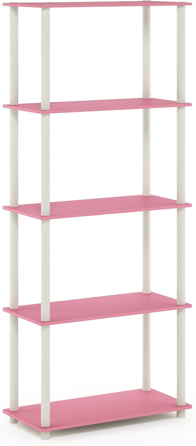 Furinno TURN-N-TUBE Storage Shelves, 5-Tier Book Shelf, Corner Shelf, Toolless Open Shelves, for Organization and Storage, Living Room, Garage, Home Office, Pink