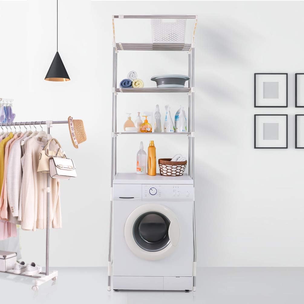 BAOYOUNI 3-Tier Laundry Room Shelf Over Washing Machine Storage Utility Rack Above Toilet Washer Dryer Clothes Hanger Width Adjustable Bathroom Organization Space Saving Shelving Units, Ivory