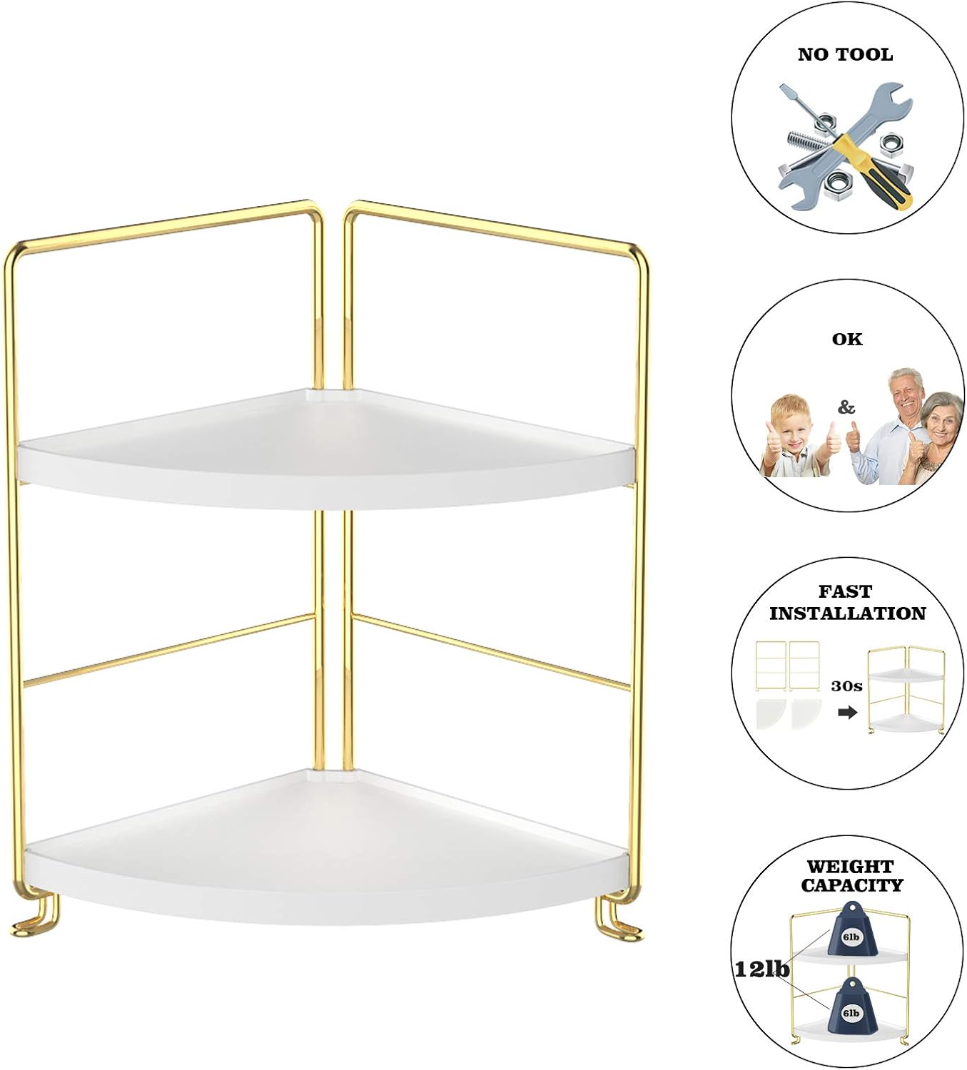 2-Tier Kitchen Spice Rack-Corner Bathroom Shelf- Triangle Standing Storage Rack for Bathroom, Living Room, Bedroom, Kitchen (Golden)