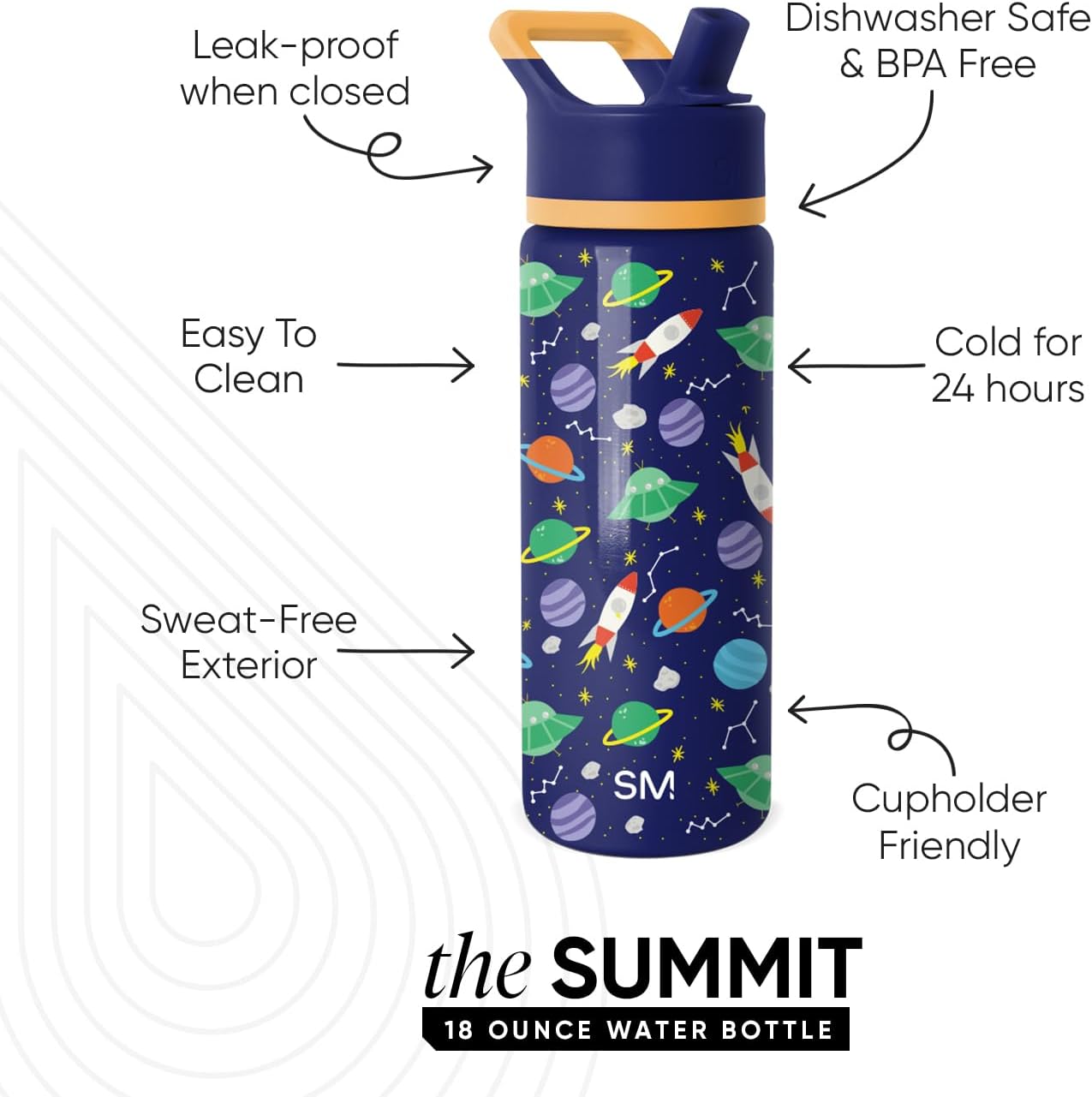Simple Modern Kids Summit Water Bottle with Straw Lid | 18oz Stainless Steel Cup Insulated Tumbler for Boys, Girls, School | Outer Space