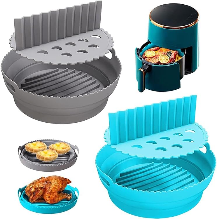 Silicone Air Fryer Liner 8.6" Round for 5–8 QT, With Divider Split for 2 Flavors, Reusable Non-Stick Collapsible Pot Liner, Dishwasher Safe, Heat-Resistant 446°F, BLACK, 1 Pack
