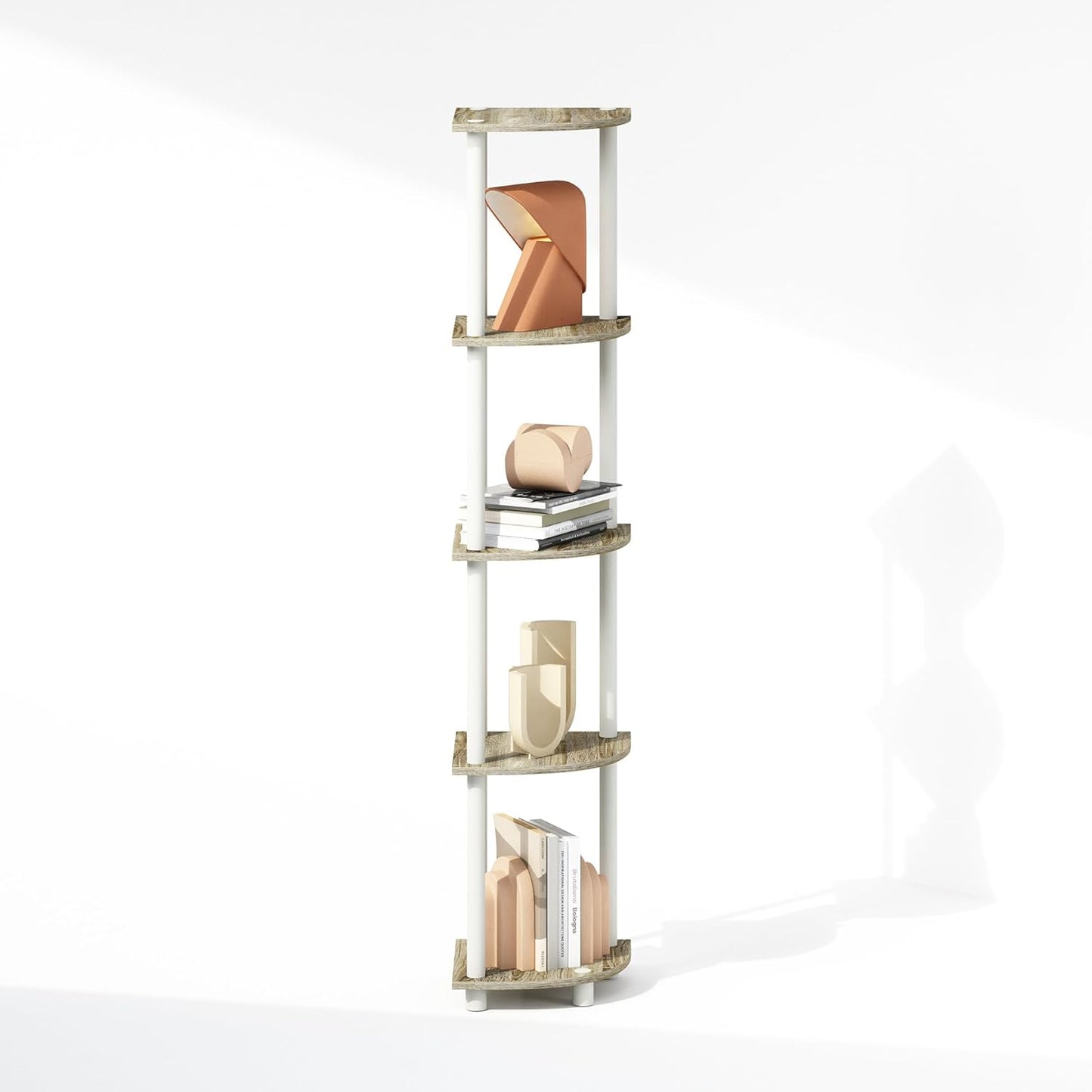 Furinno Turn-N-Tube Corner Shelf, 5-Tier Corner Display Rack, Shelving Unit, for Organization and Storage, Living Room, Home Office, Garage, Bedroom, Sonoma Oak