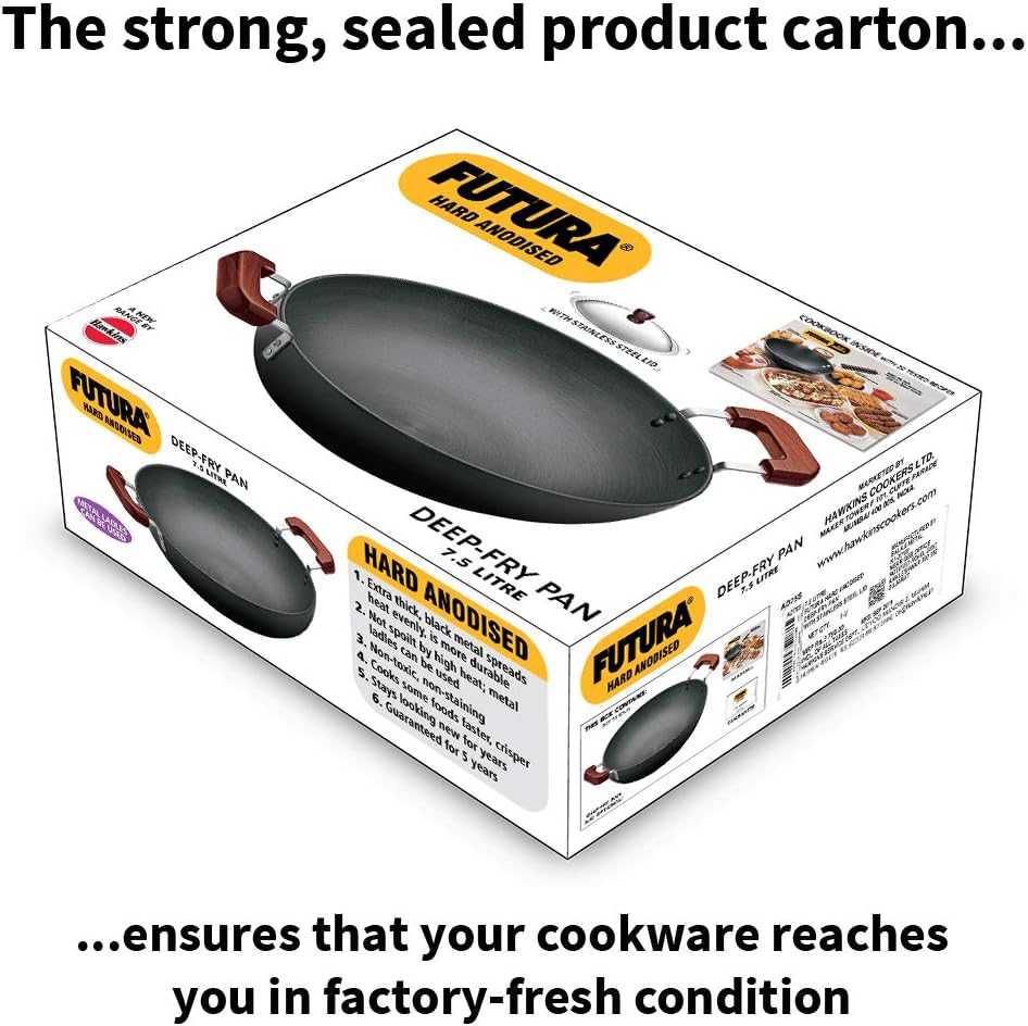 Hawkins Futura 7.5 Litre Deep Fry Pan, Hard Anodised Kadai with Stainless Steel Lid, Flat Bottom Kadhai, Big Kadai, Black (AD75S)