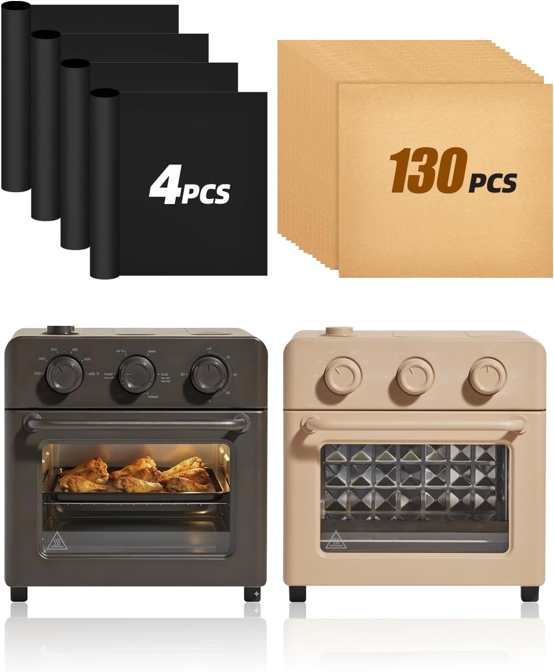 130PCs Paper Liners and 4PCs Reusable Teflon Baking Mats Compatible with Our Place Wonder Oven 12.7 Quarts Air Fryer Toaster Oven Accessories, Food Grade Parchment Paper Sheets Non-stick Mat PFOA Free