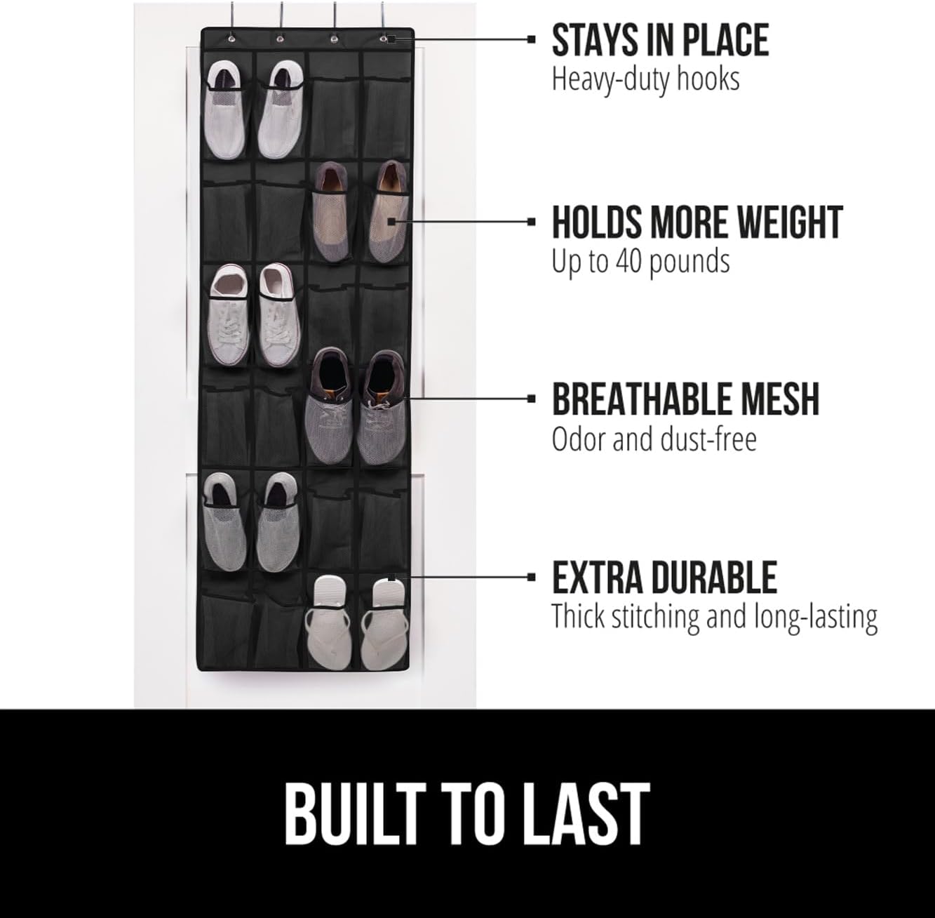GORILLA GRIP Over the Door Shoe Organizer, 24 Extra Large Breathable Mesh Pockets, Space Saving Hanging Storage Holder, 4 Hook Closet Rack Hanger, Hangs on Closets for Shoes and Accessories, Black