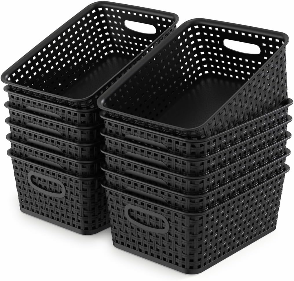 WYT 12-Pack Plastic Small Shelf Storage Weave Baskets for Organizing, Black