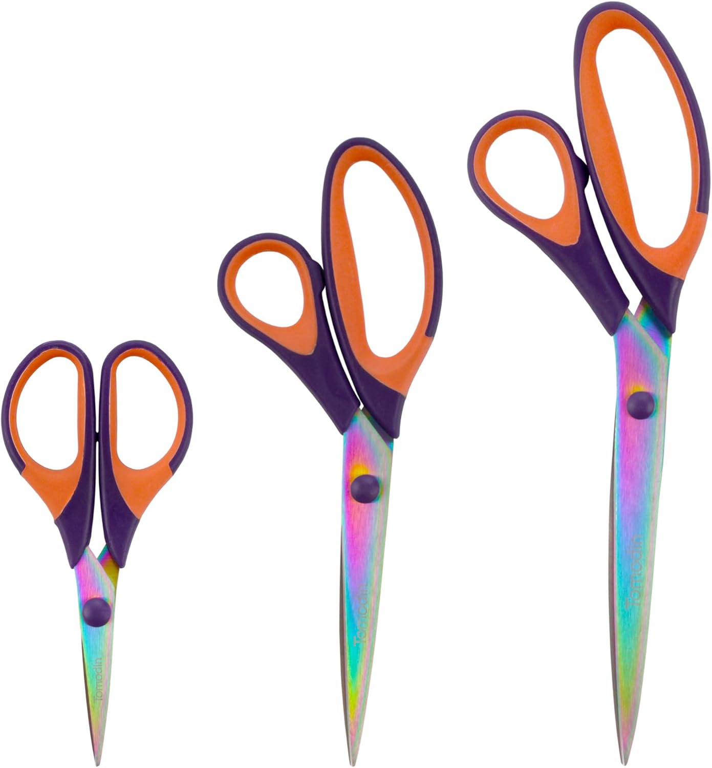 BambooMN Titanium Softgrip Scissors Set for Sewing, Arts, Crafts, Office - Purple w/Orange - 3 Set of 3